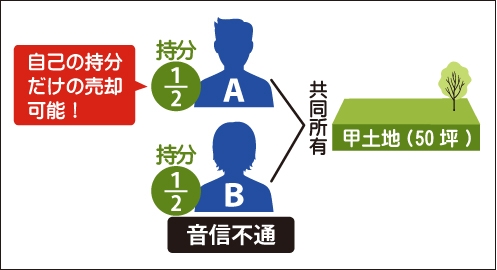 甲土地(50坪)をAとBで共同所有している。Aが『売却したい』と思っているがBが音信不通になっているが自己の持分1/2だげ売却可能!を表した図