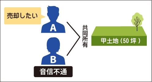 甲土地(50坪)をAとBで共同所有している。Aが『売却したい』と思っているがBが音信不通になっている状態の図