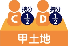 甲土地をC持分1/2,D持分1/2づつ所持している図